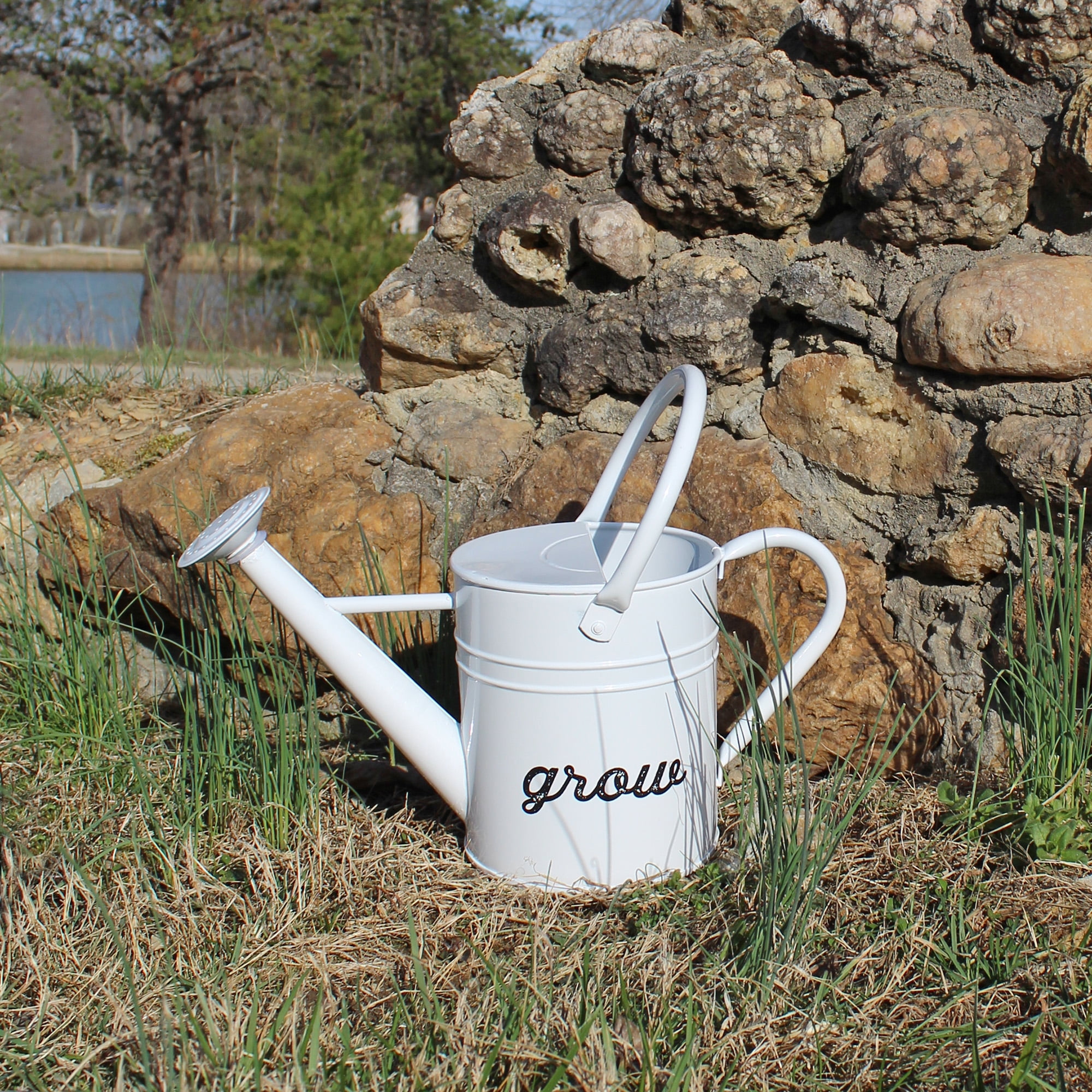 AuldHome Design Farmhouse Enamel Watering Can (White); Rustic Metal Watering Pitcher for Home Decor and Gardening
