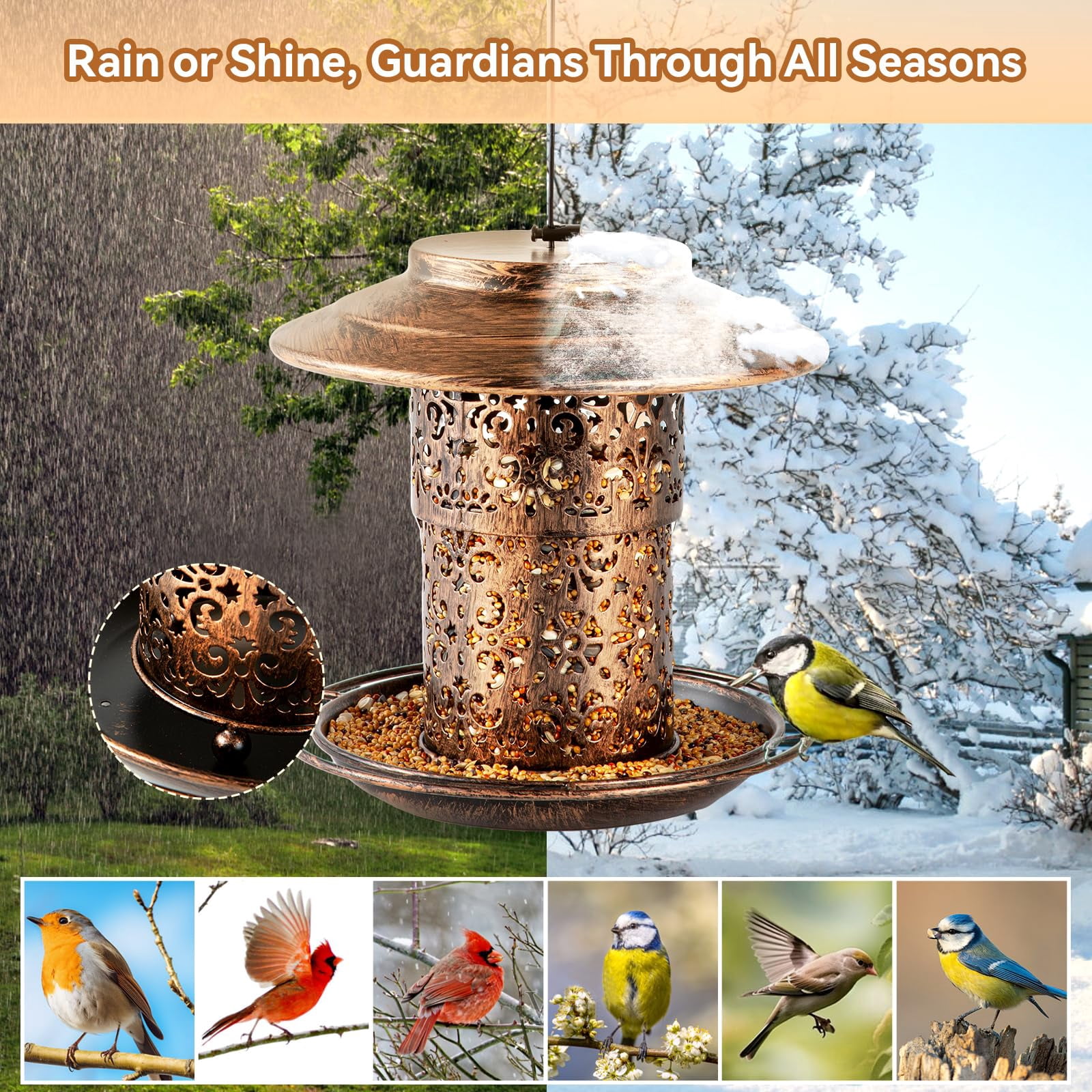 Metal Bird Feeders for Outdoors Hanging, Weather Resistant Wild Bird Feeder with 360 Degree Feeding Tray