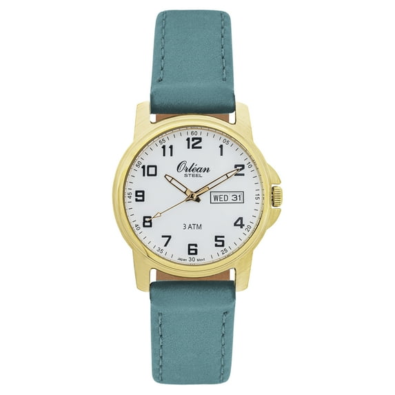 Orlean Mens Easy to Read Watch with Day / Date - 316L Stainless Steel Case, Leather Watch Band - 38mm Analog Men's Leather Wrist Watches - White Dial, Big Numbers - Gold / Light Blue