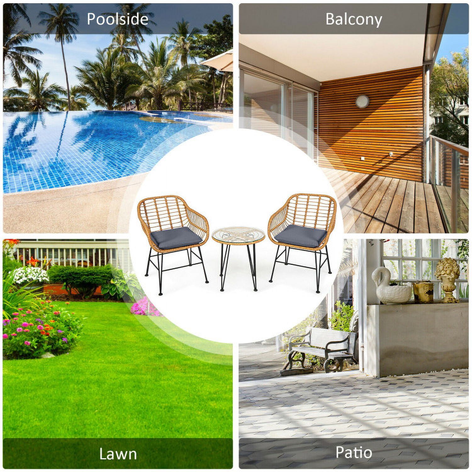 Aimee Lii 3 Pieces Rattan Furniture Set with Cushioned Chair Table, Outdoor Patio Furniture, Gray Aimee Lii 3 Pieces Rattan Furniture Set with Cushioned Chair Table, Outdoor Patio Furniture, Gray