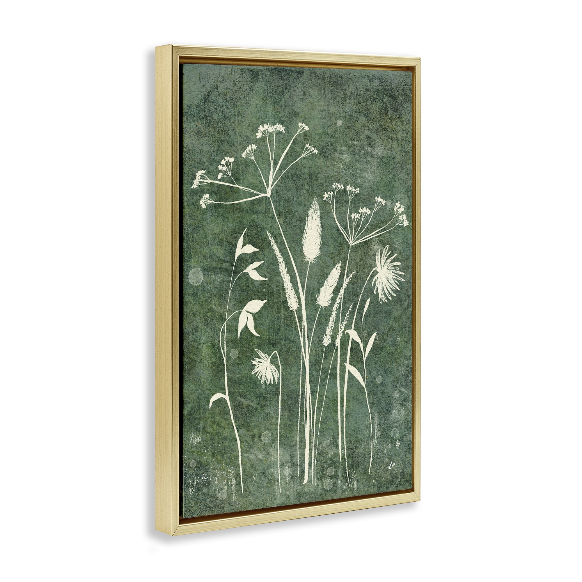 Stupell Industries Wildflowers on Rustic Green Plants & Flowers Painting Gold Floater Framed Canvas Art Print Wall Art, 17 x 25