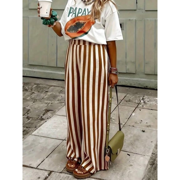Women's Striped Wide Leg Pants, High Waist Straight Leg Loose Fit Trousers for Vacation, Beach, Everyday & Casual Wear