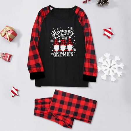 

ZCFZJW Sales Matching Christmas Onesies Holiday Sleepwear Set Hanging With my Gnomies Print Plaid Long Sleeve Tops and Pants Family Outfit Homewear Pajamas Suit(Mom-S)