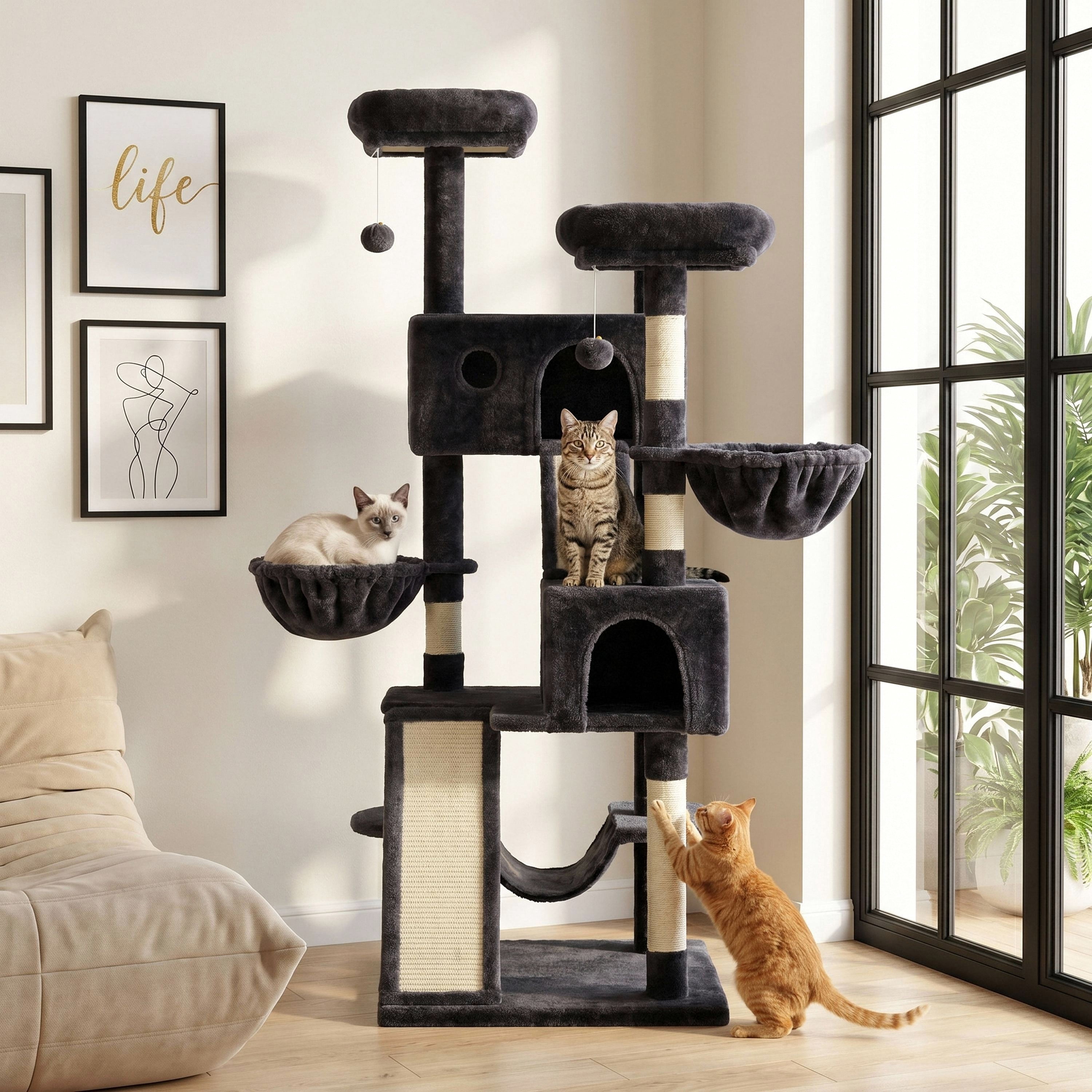 Merrland 65.7 " Large Cat Tree Tower Condo for Cats with 2 Scratching Ramps, Hammock & Scratching Posts, Dark Blue