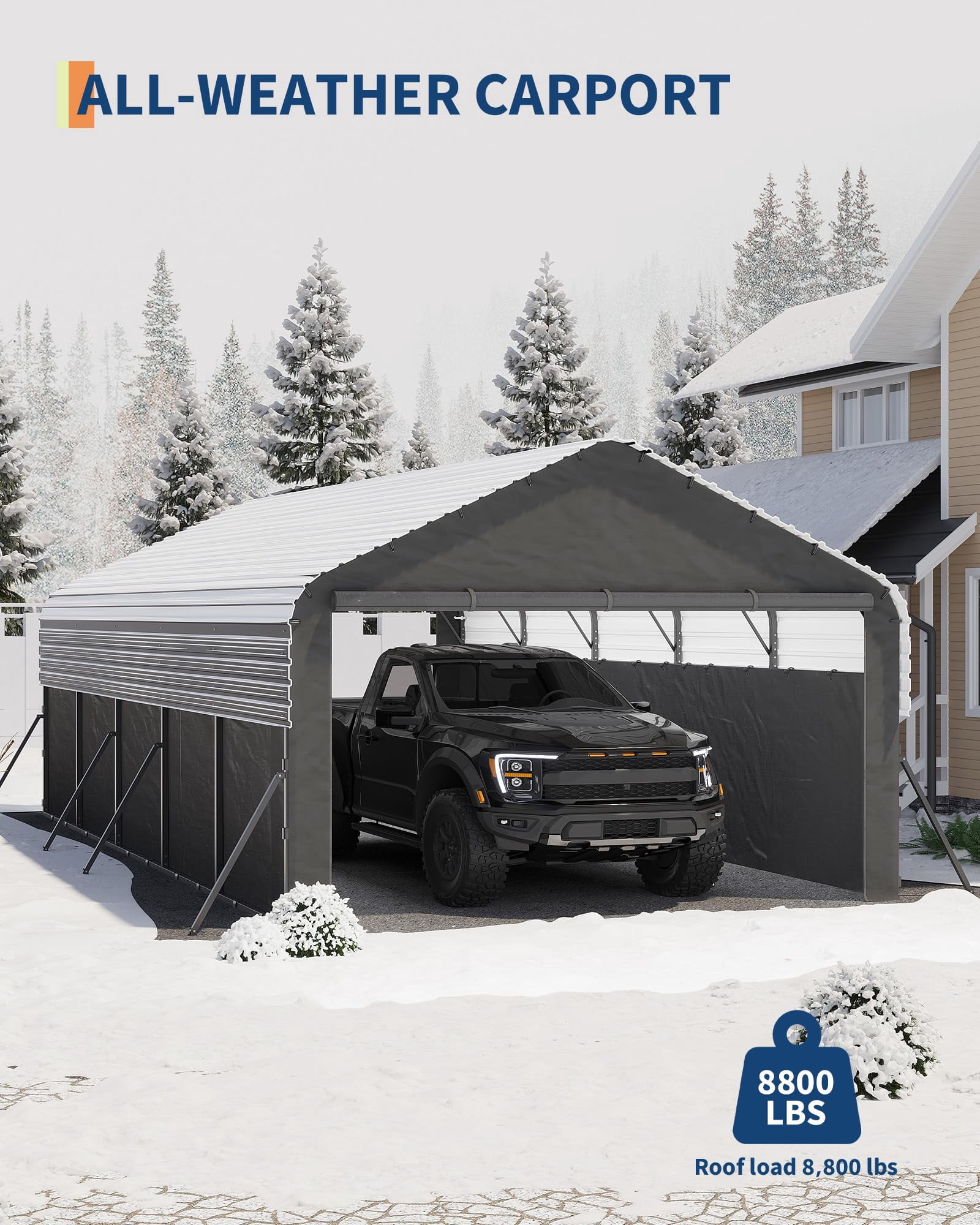 12'X24'X9' Metal Carport, Enclosed Car Ports with Heavy Duty Steel Frame and 220 g Tarp, All-Weather Carport for Full-Size Pickup Trucks, Bass Boats, and Tractors