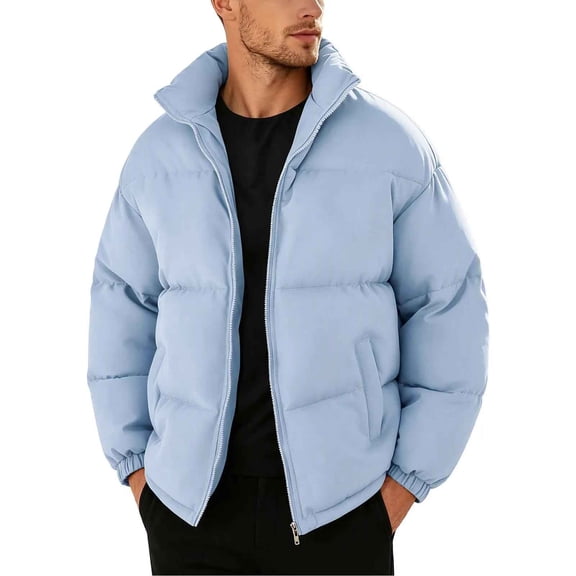Mifsaly Mens Puffer Jacket Solid Color Stand Collar Full Zip Casual Padded Winter Coat with Multi Pockets Light Blue,XL