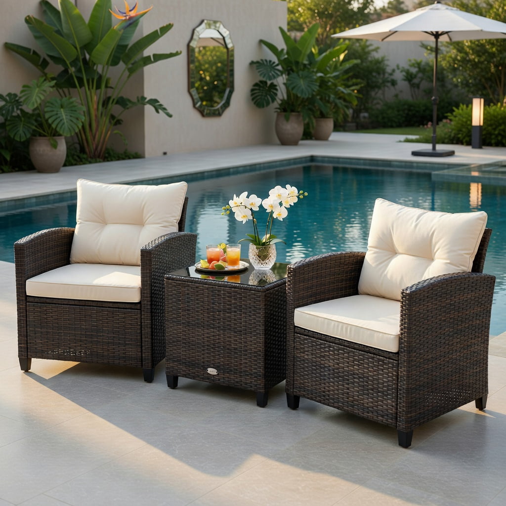 Hommoo 3-Piece Outdoor Rattan Patio Furniture Set with Cushions, Wicker Conversation Set Including 2 Chairs & 1 Coffee Table, White
