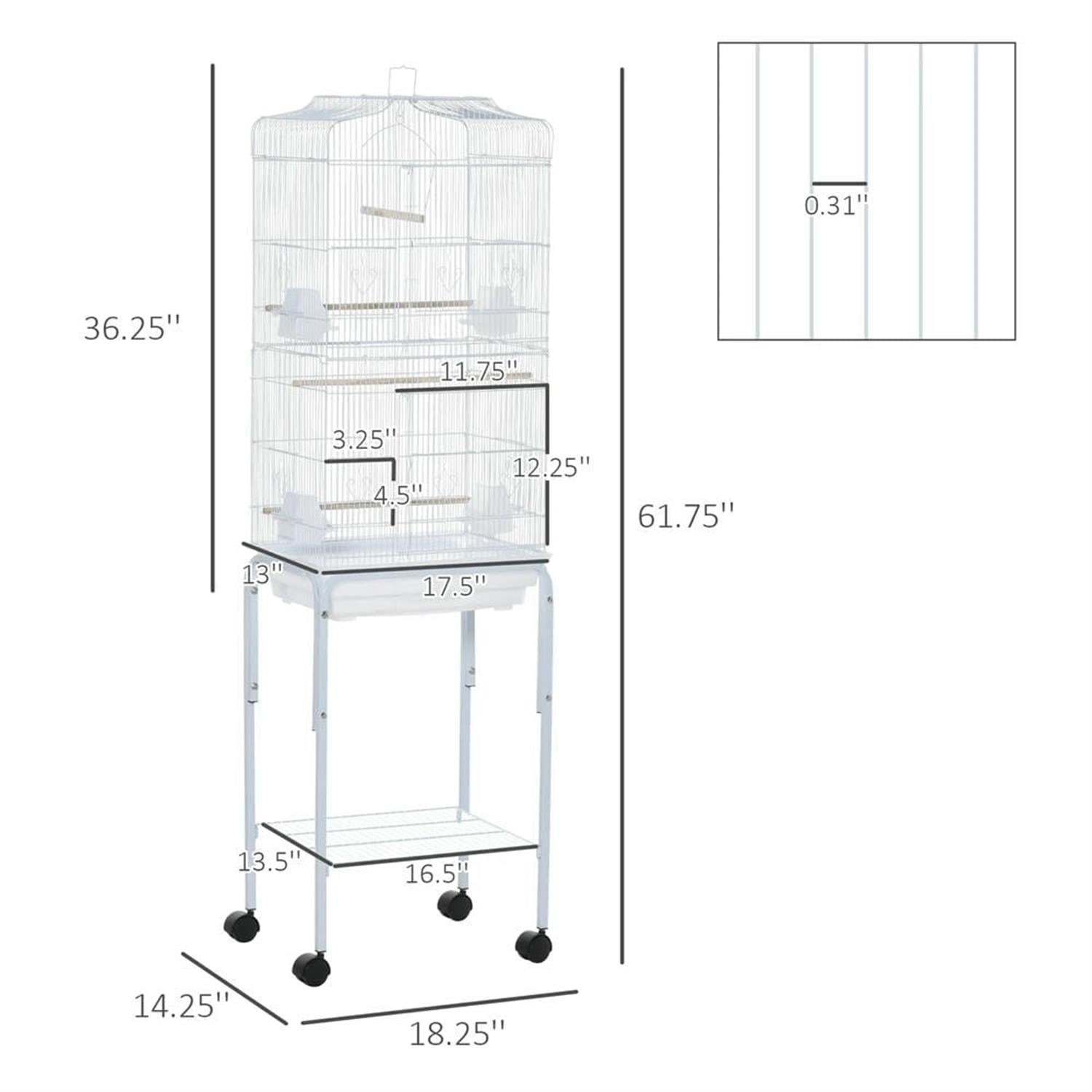 Kadyn 61" Height Metal Indoor Bird Cage Aviary Parakeet House with Detachable Rolling Stand for Parrots Conures Lovebird Cockatiel Parakeets, White