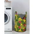 thumbnail image 3 of Tropical Laundry Bag, Exotic Monstera Leaves and Hibiscus Flowers Hawaiian Foliage Pattern, Basket with Handles Drawstring Closure for Laundromats, 13" x 19", Mustard Green Magenta, by Ambesonne, 3 of 4