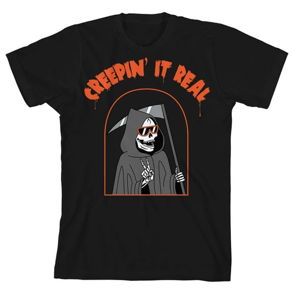 Kids Halloween Peace Sign Grim Reaper Creepin' It Real Youth Black Short Sleeve Crew Neck Tee-XL