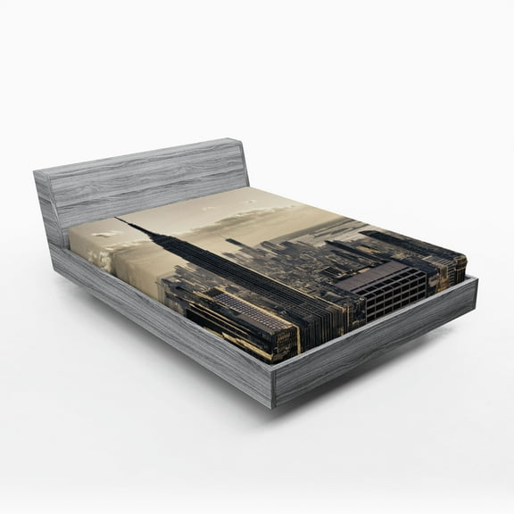 Ambesonne United States Fitted Sheet, NYC Winter Time, Full Size, Beige Grey