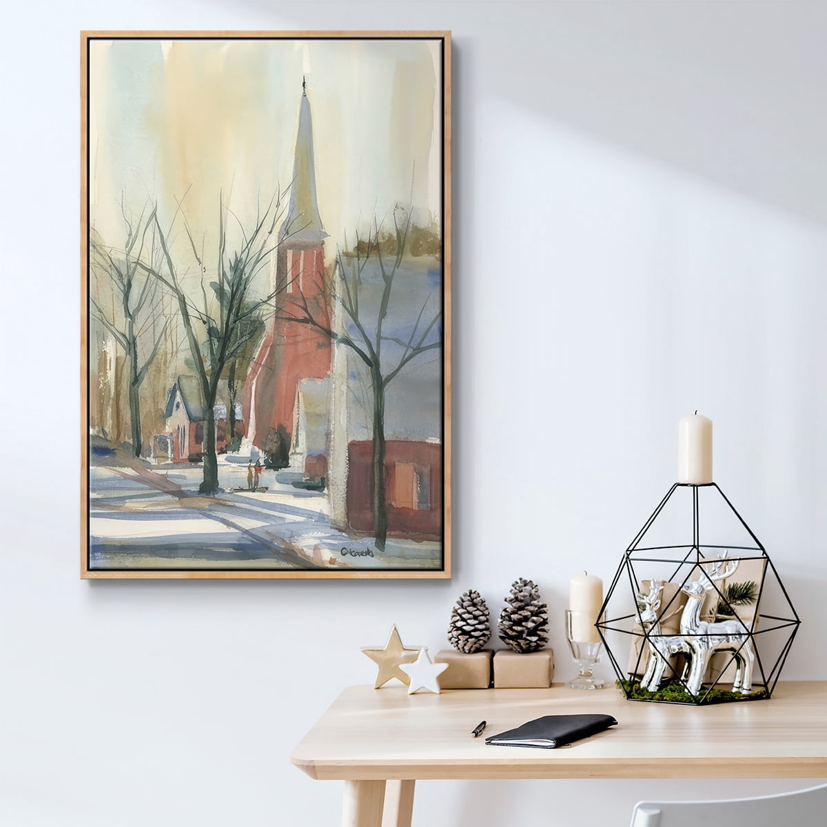 New England Main Street - Framed Gallery Wrapped Holiday Canvas - 17 x 25 - Natural Wood Frame