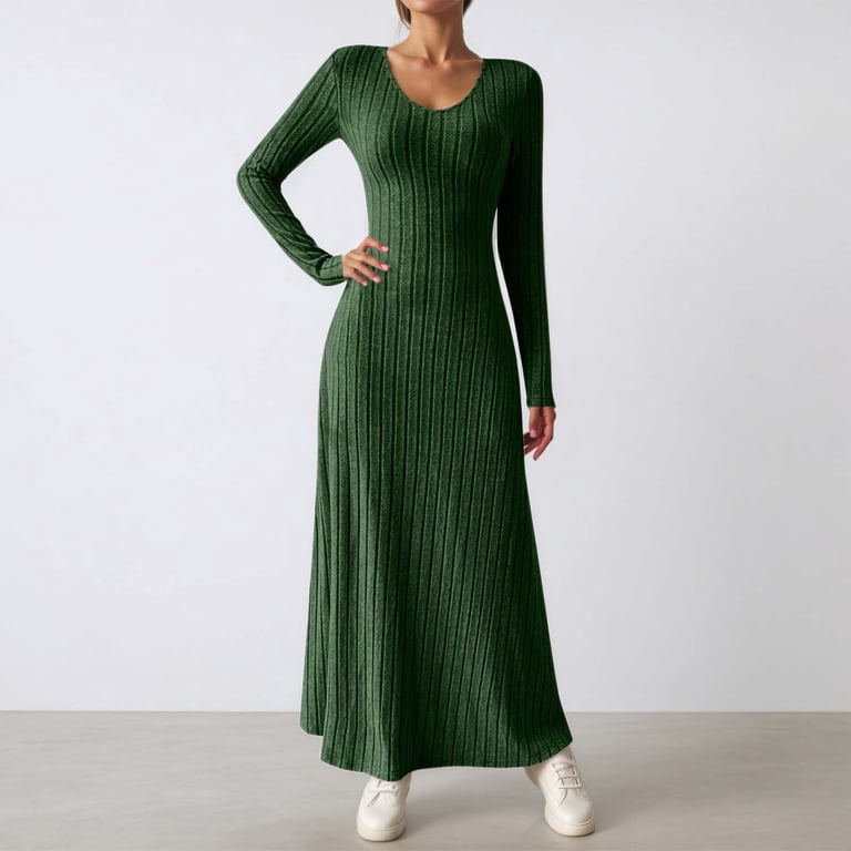 ankle length knit dresses with long sleeves Dhfjkg Sweater Dress For Women Ribbed V Neck Sleeve Slim Fit Maxi Dress Winter Pullover Tunic Ankle-Length Soft Dresses, Women's, Size: XL size:12 spring ⸻ MATERIAL Viscose floral applique bridal gown Pastel green pastel satin