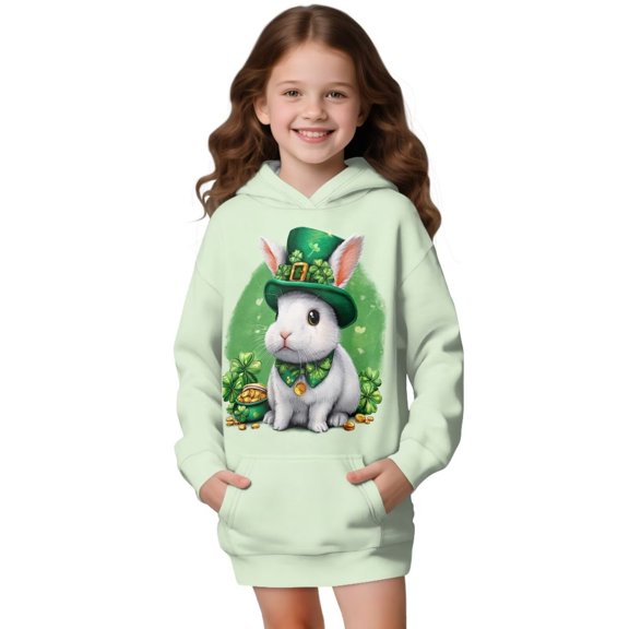 Xoenoiee Rabbit Bunny Hat Shamrock Coin Print Long Hoodies for Girls Kids St. Patrick's Day Long Sleeve Hooded Sweatshirt Dress with Pocket Athletic Casual Pullover, 7-8 Years