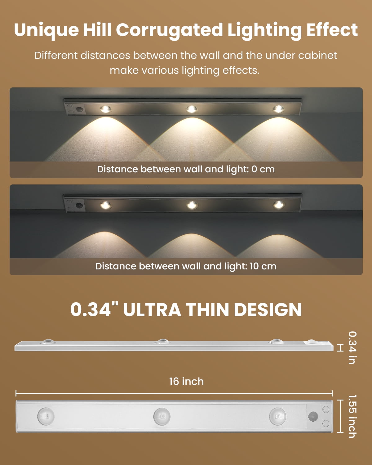 SUNLINKCO 16 Inch Motion Sensor Under Cabinet Lights 2 Pack, 3 LED Dimmable, USB Rechargeable with Cat’s Eye Hill Effect, for Display Cabinets, Wine Racks, Showcases, and Under-Counter Lighting