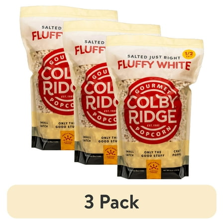 (3 pack) Colby Ridge Fluffy White Half Salt Gourmet Craft Popped Gluten Free Popcorn Snack Sized Large Pouch (2 Gallons = 34 Cups)