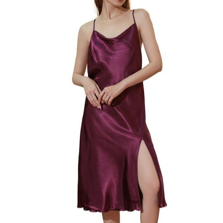 Defitshape Women s Silk Nightgown Midi Chemise Satin Sleep Dress Sleeveless Side Slit Pajama Dress Knee Length Criss Cross Open Back Sexy Sleepwear Nightie Lingerie Purple Burgundy X-Large