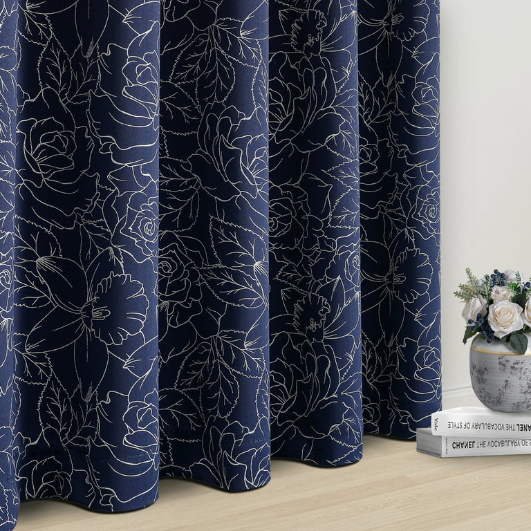 Fragrantex Blue Fl Thermal Insulated Blackout Curtains 63 Inch Length 2 Panels Set For Bedroom Living Room Flower Patterned Window Ds Back Tab 52 X63 Com