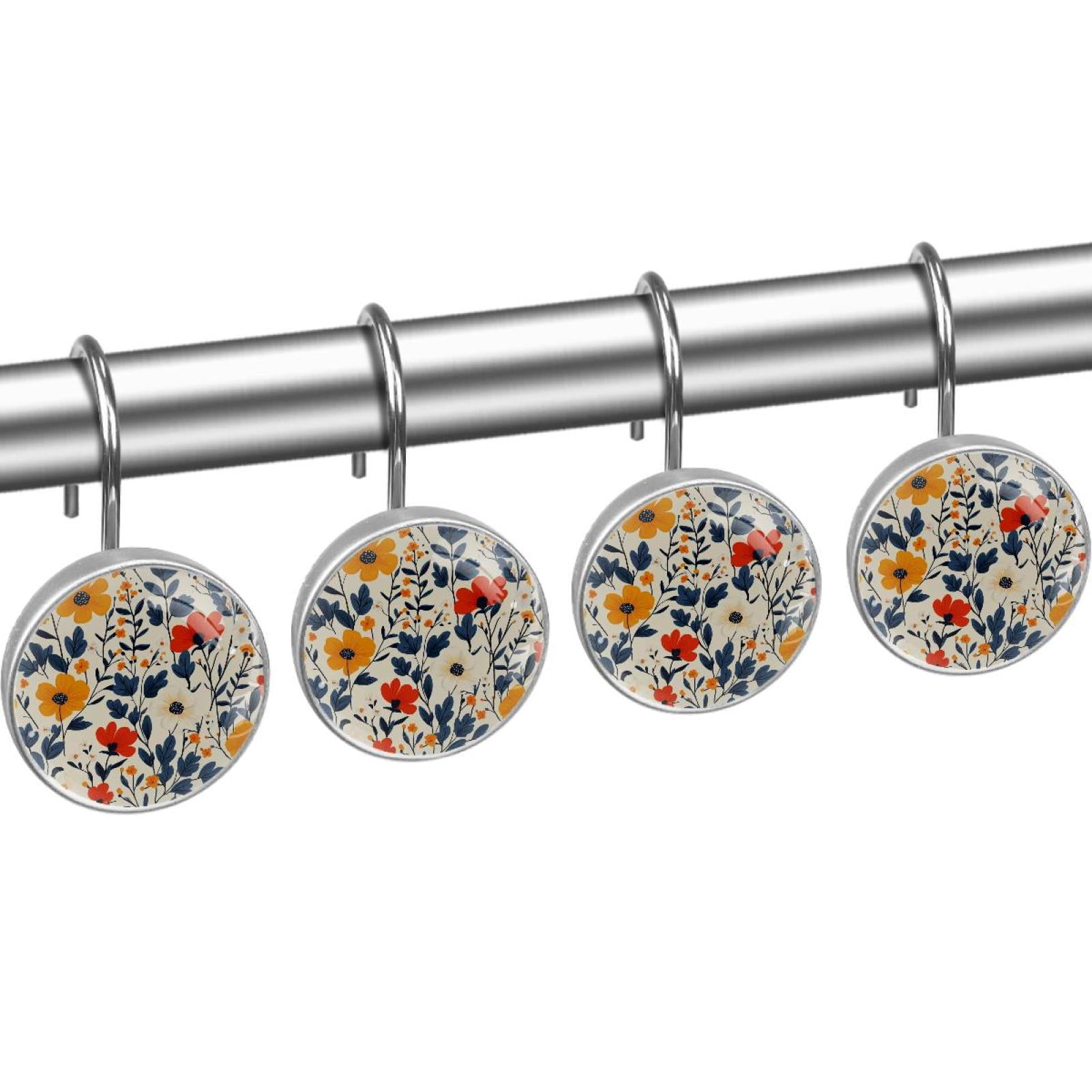 Blossom Florals Shower Curtain Hooks Round Crystal Glass, Set of 12 Shower Curtain Rings - Shower Hooks for Curtain Shower Rings