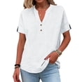 thumbnail image 3 of Helii Women's V Neck Half Button Short Sleeve Shirt Cotton Linen Blend Loose Fit Curved Hem Casual Henley Tops for Summer Daily Work Vacation Beach 7 Solid Colors, 3 of 9