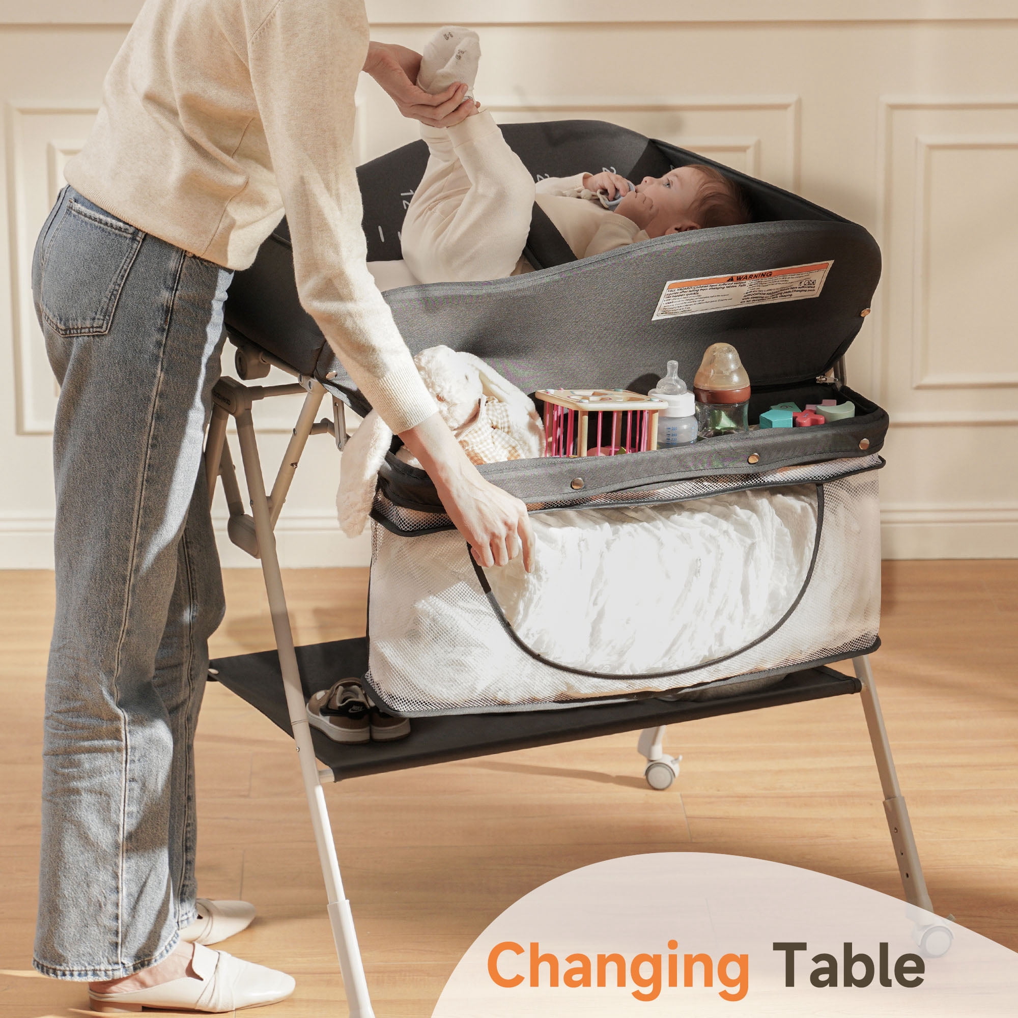 Babyeap Baby Changing Table with Wheels, Portable Foldable Diaper Changing Station with Adjustable Height & Waterproof Pad, Nursery Organizer Storage for Newborn & Infant