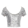 thumbnail image 3 of DuoJiaJ Fashion Women Sexy O-Neck Solid Sequins Short Sleeve Short Navel Top Blouse Tee Womenâs -Free Button-Down Shirts White, 3 of 5