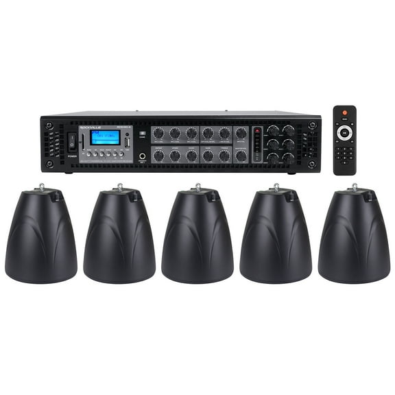 Rockville 6-Zone Amplifier Amp 5) Black Pendant Speakers For Restaurant/Bar/Cafe