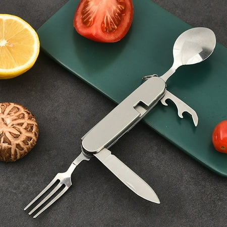 Outdoor Folding Camping Cutlery Set with Knife Fork Spoon Bottle Opener | Detachable Stainless Steel Multi-Tool for Hiking Backpacking | Portable Compact Design for Wilderness Survival Gear