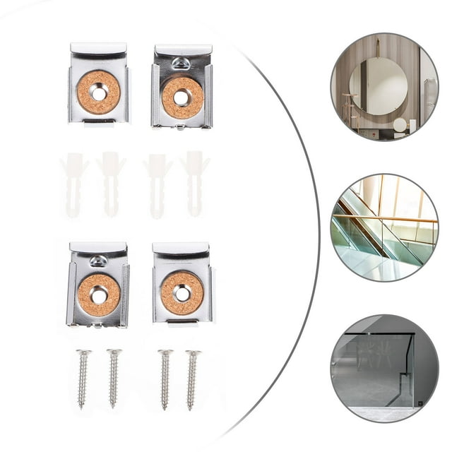 AURARMLET 2 Sets 8 Pcs Glass Mirror Holder Silver Square for Bathroom Use and Glass Shelves Fixing