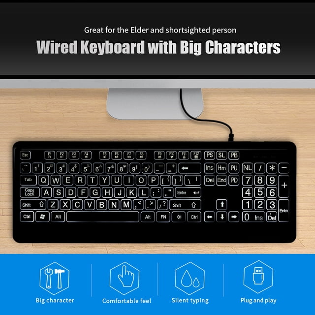 With Wired Large Print Keyboard White Bold Jumbo Letters Silent Backlit Keyboard with Oversized Characters 104 Keys for The Elder and People with Bad Eye Sight and Vision Ailment