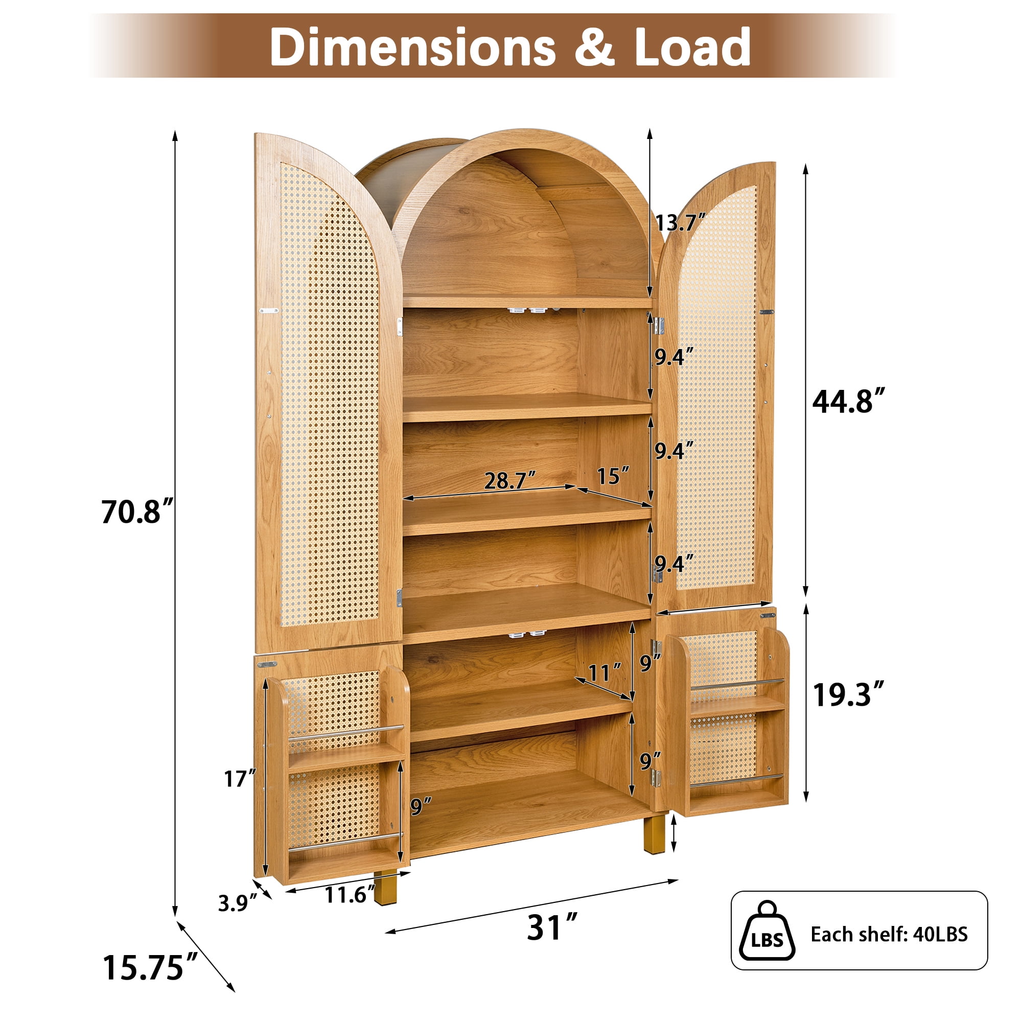 Leumius 71" Tall Arched Cabinet with Rattan Doors and Adjustable Shelves,4 Doors Modern Farmhouse Storage Cabinet with Built-in Racks for Kitchen Dining Room Study Oak