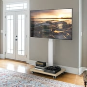 RTVR Modern Rolling TV Stand for 32 to 70 inch Screens, White Floor Portable TV Stand with Wooden Base