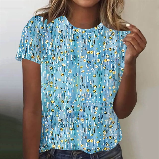 Fiudx Camisas para Mujer Top de Cuello Redondo de Manga Corta Estampado Casual de Moda de Verano para Mujer