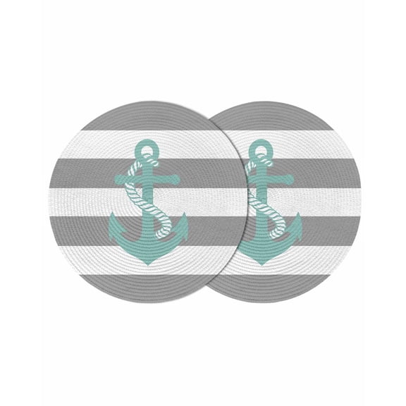 Nautical Anchor Round 13 Inch Placemats Set of 2, Turquoise Grey White Horizontal Stripe HeatResistant Non Slip Place Mats for Dining Table, Wipeable Braided Kitchen Table Mats for Housewarming