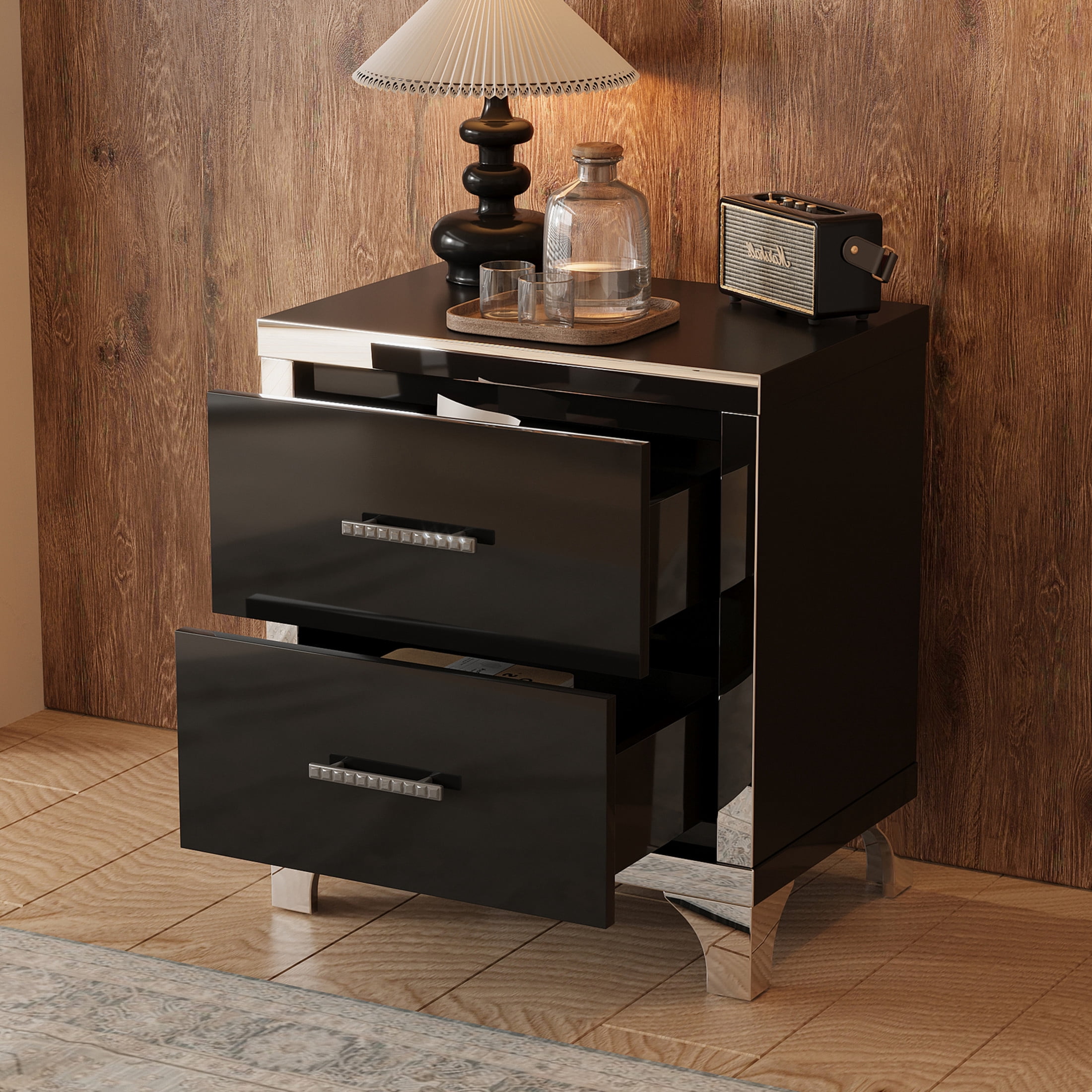 Noble House High Gloss Nightstand with 2 Drawers, Mirrored Bedside Table with Metal Handles, Black