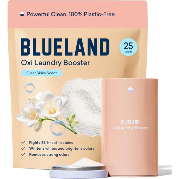 BLUELAND Oxi Laundry Booster Powder Starter Set - Eco-Friendly Plastic Free Oxy Cleaner - Plant Based Stain Remover - Scented Clear Sky - 17.6 Ounce, 25 Carg