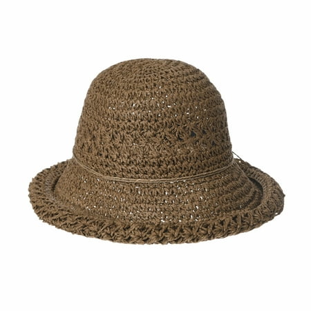 WITHMOONS Women Flanging Straw Sun Hat Summer Bowler Beach Cap Roll Up Brim CR9981 (Brown)