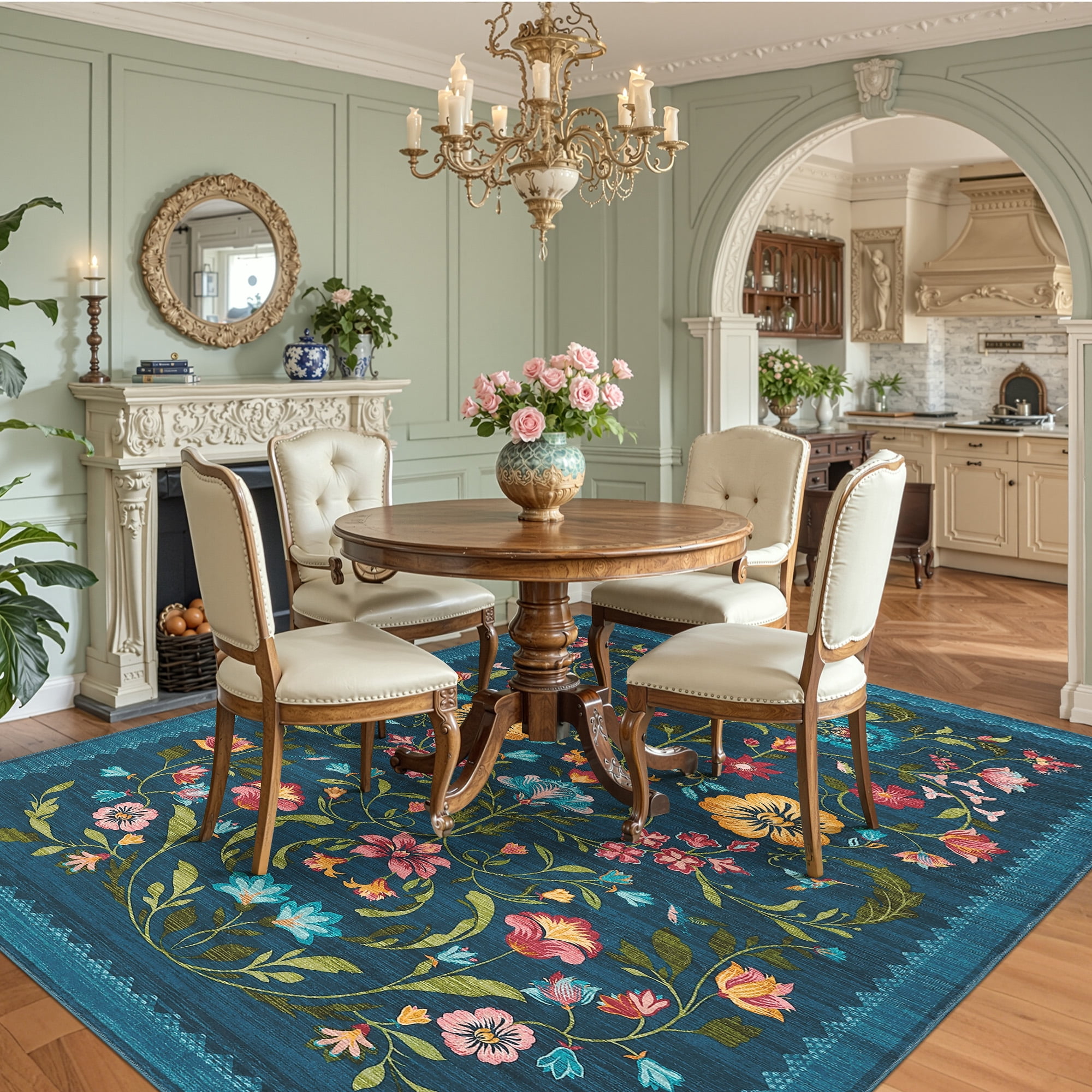 Garvee 10'x13' Floral Printed Area Rug Vintage Soft Rug, Washable Low Pile Rug Stain Resistant Farmhouse Indoor Carpets with Non Slip Backing for Living Room Bedroom Playroom, Blue