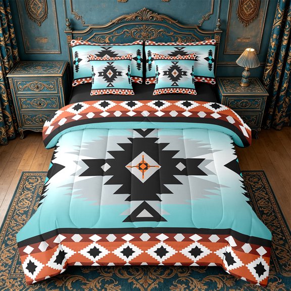 Manfei Vintage Aztec Twin Bedding Sets 7-Piece,Blue Geometric Pattern Bedding Comforter Set 7-Piece,Boho Theme Sheet Sets,Super Cozy Room Decor Reversible