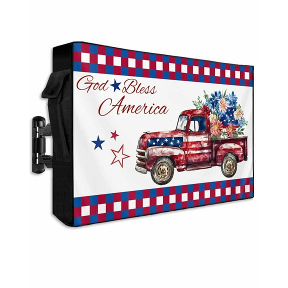 4th of July Outdoor TV Cover 30 to 32 Inch Weatherproof, Independence Day Red Blue Plaid Truck Floral 600D Oxford TV Covers with Waterproof Zipper, Outside Flat TV Screen Protector 30"Wx19"Hx4.5"D