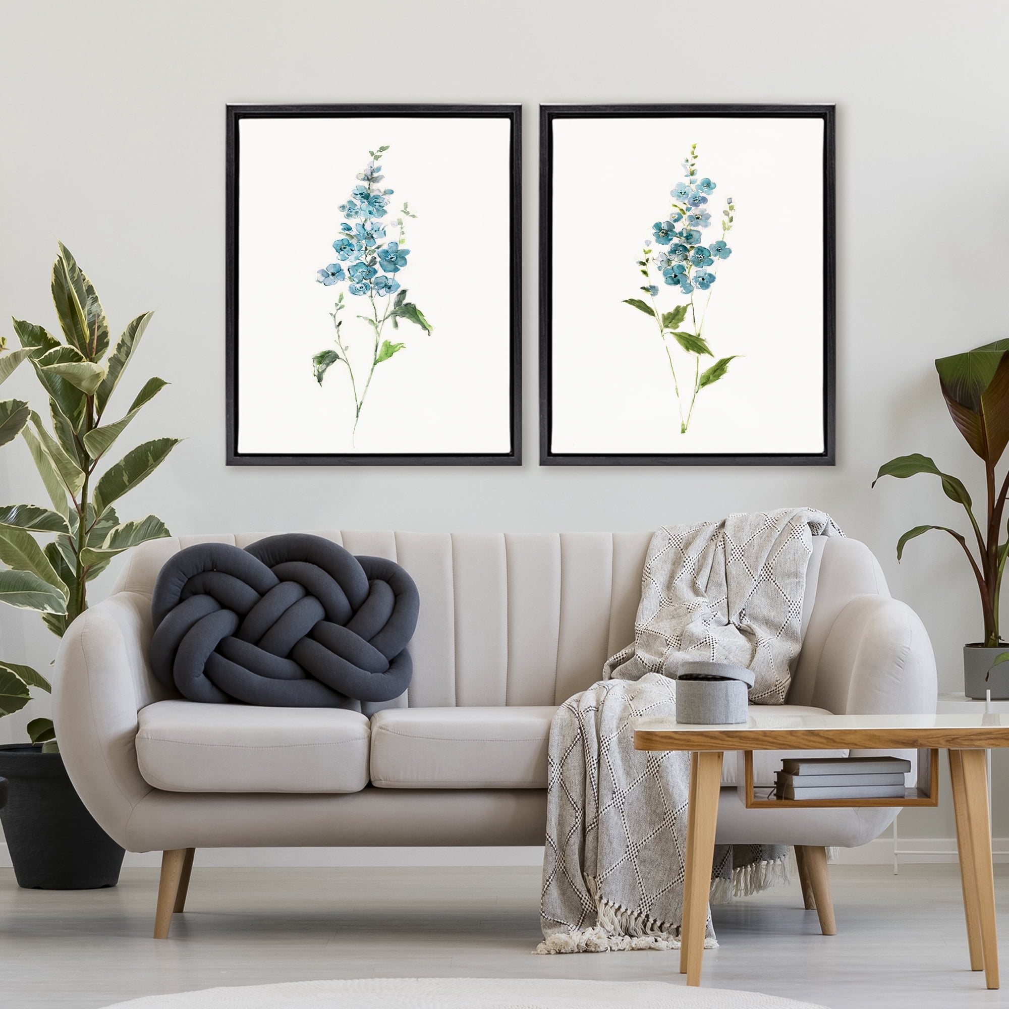 Stupell Industries Blue Watercolor Sprigs 2 Piece Black Framed Floater Canvas Set, design by Sally Swatland