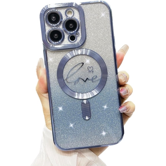 for iPhone 15 Pro Max Case Magnetic,Bling Soft Cute Luxury Love Heart Plating Glitter Bling Phone Case [Compatible with Magsafe] Clear Shockproof Cover for iPhone 15 Pro Max (Blue)