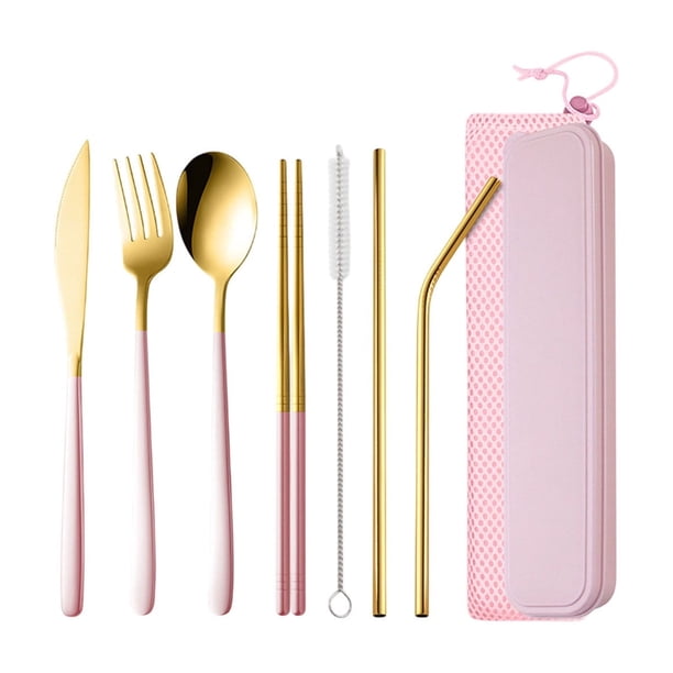 Juego de cubiertos portátil de 7 piezas de acero inoxidable con estuche de almacenamiento. Juego de utensilios de viaje para acampar al aire libre. Incluye cuchillo, tenedor, cuchara, palillos, pajit