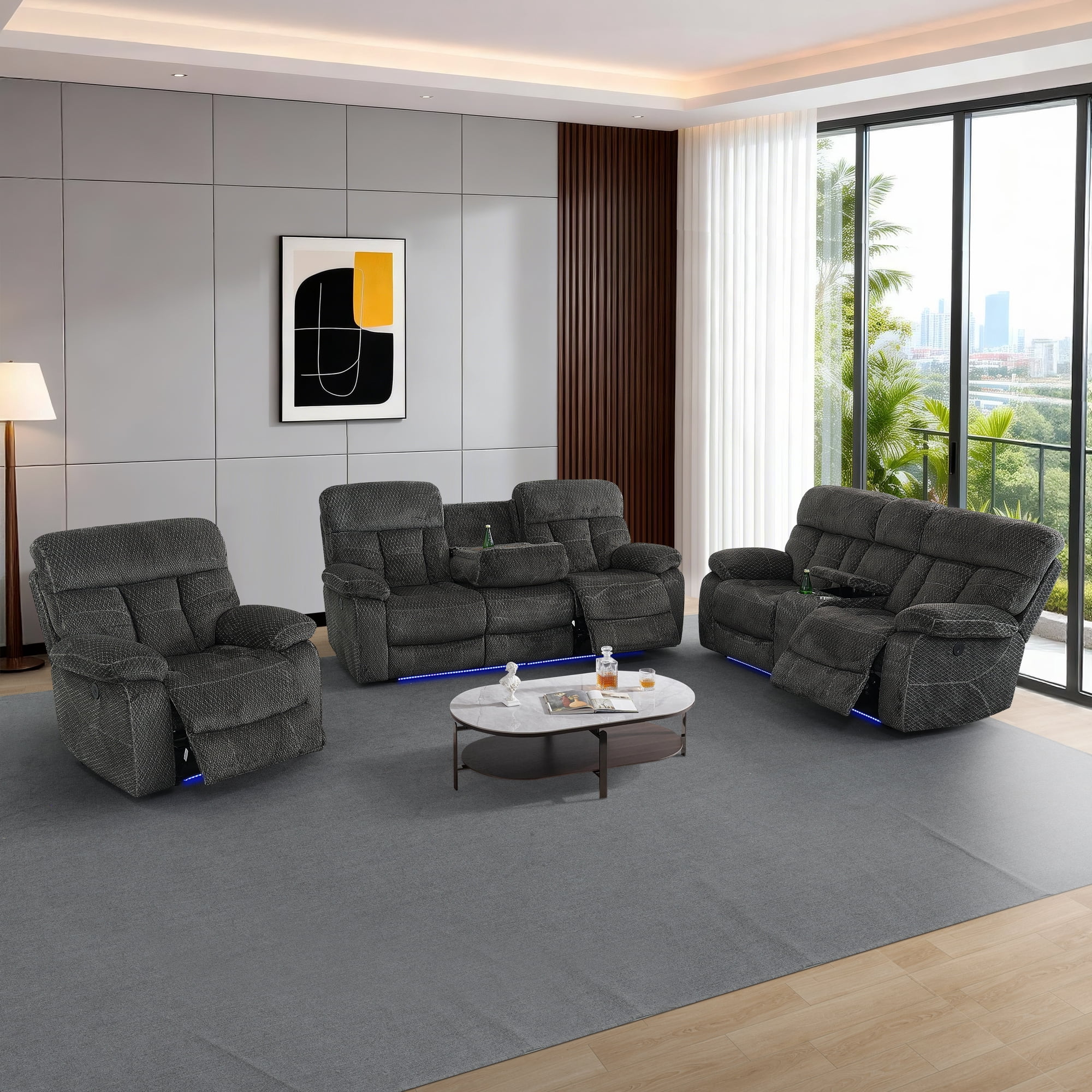 Gewnee 1+2+3‑Piece Power Recliner Sectional Sofa Set, Flock Upholstered Couch with Center Console Cup Holders, LED Ambient Light & USB Port for Living Room, Grey
