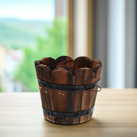 PAMINGONO 1Set Wood Barrel Planter for Outdoor Garden Decorative Flower Pot in Brown 4.60X4.60X3.93in