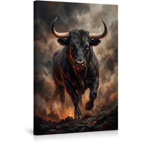 Charging Black Bull Wall Art Powerful Animal Canvas Print Office Painting