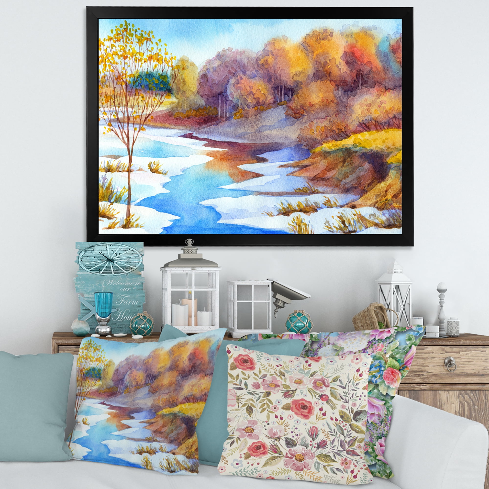 Designart 'Stream Though The Winter Forest Valley' Lake House Framed Art Print