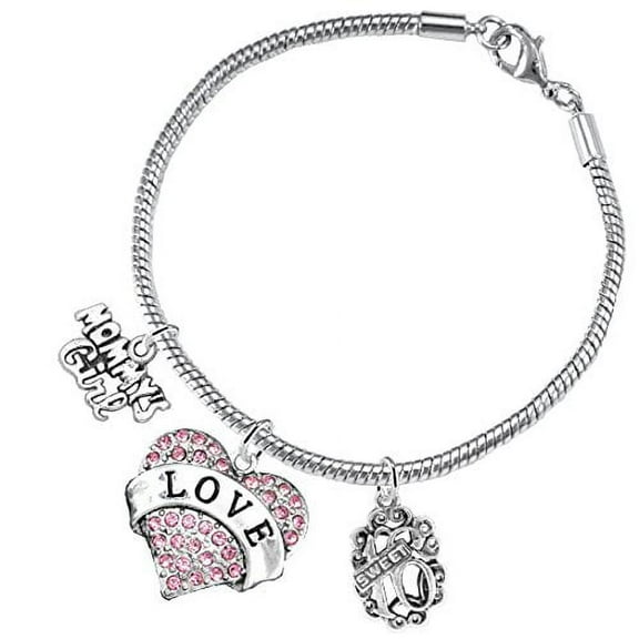 The Perfect Gift Sweet Sixteen Genuine AustrianCrystal LOVE charm, And Mommys' Girl Charm, Adjustable Snake Chain Bracelet, Hypoallergenic-Safe-Nickel, Lead, & Cadmium Free!