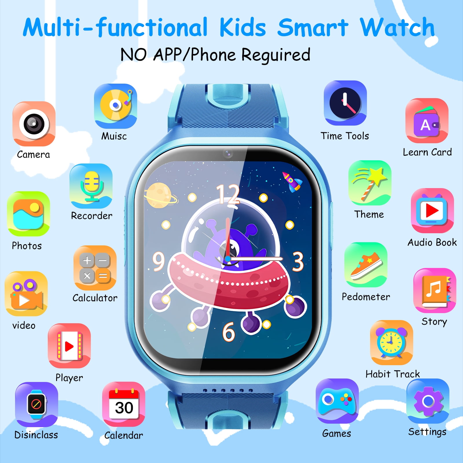Kids Smart Watch for Boys Girls, 1.83"HD Smartwatch for Kids with Habit Tracker, 26 Games, Video Camera Music Player Pedometer Alarm Clock, Waterproof Smartwatches, Boys Girls Birthday Gift Blue