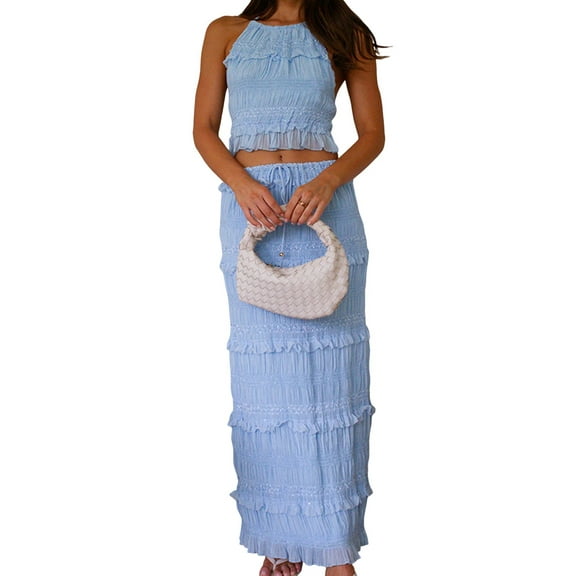 Womens Y2k Maxi Skirt Set Backless Lace Halter Crop Top and Long Skirt Sets Beach Dress 2 PCS Outfit Blue XL